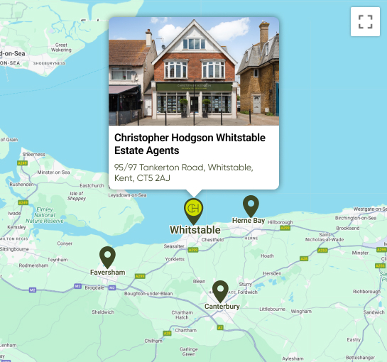 Map showing Christopher Hodgson Whitstable Estate Agents, offering estate and letting services in Whitstable, Herne Bay, Canterbury, and Faversham, Kent.