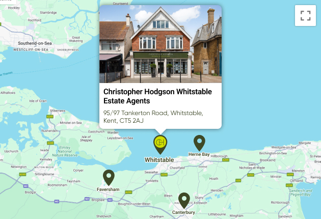 Map showing Christopher Hodgson Whitstable Estate Agents, offering estate and letting services in Whitstable, Herne Bay, Canterbury, and Faversham, Kent.